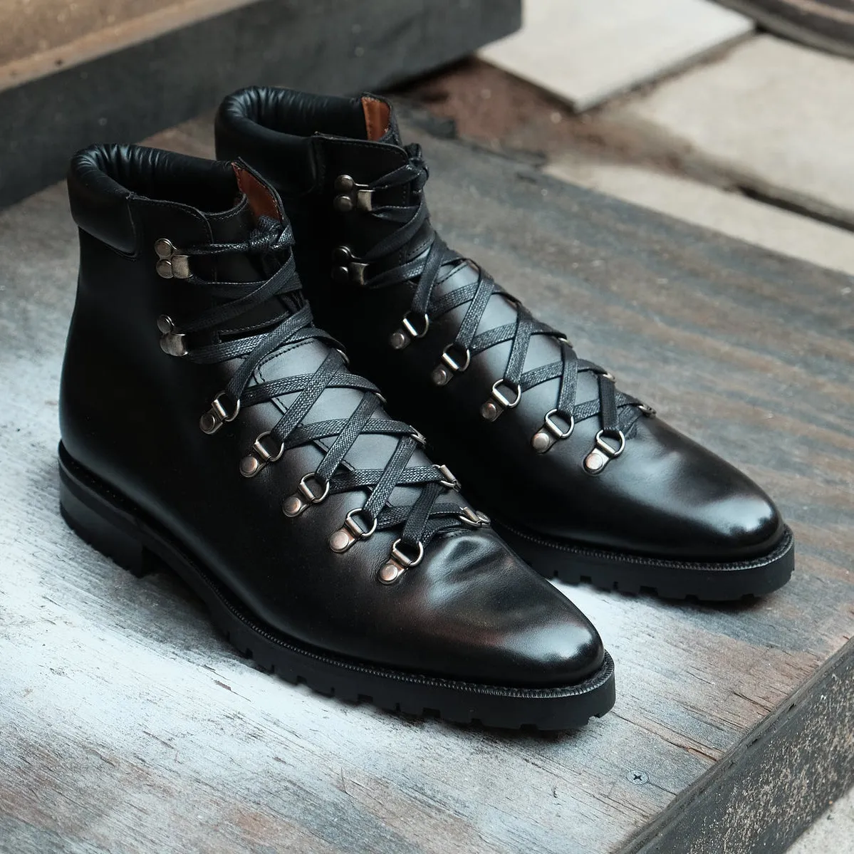 Black Leather Larett Chunky Hiking Combat Boots - Hiking and Trekking Boots