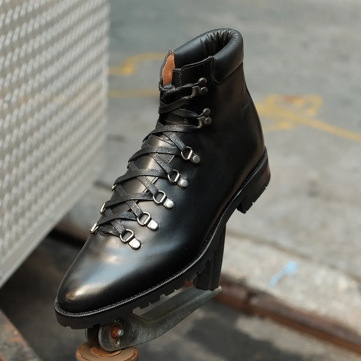 Black Leather Larett Chunky Hiking Combat Boots - Hiking and Trekking Boots