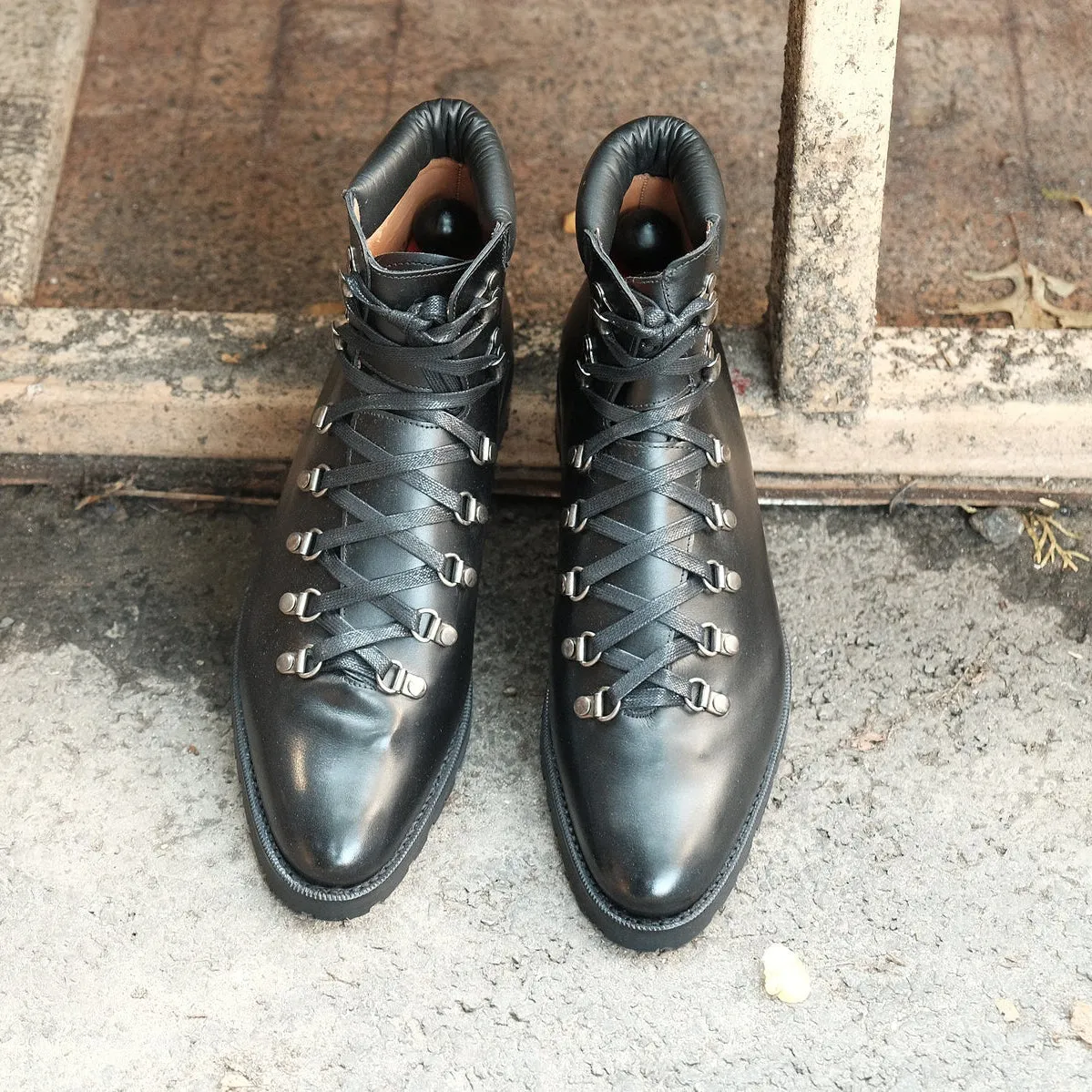Black Leather Larett Chunky Hiking Combat Boots - Hiking and Trekking Boots