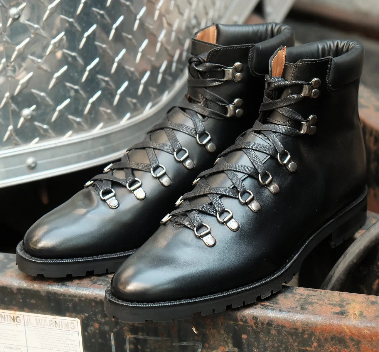 Black Leather Larett Chunky Hiking Combat Boots - Hiking and Trekking Boots